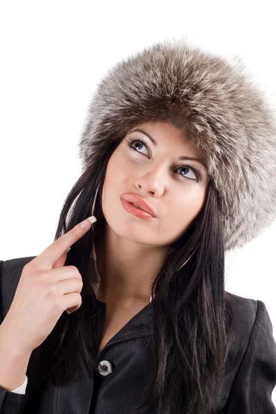 毛皮帽的年轻女人的画像 — 图库照片