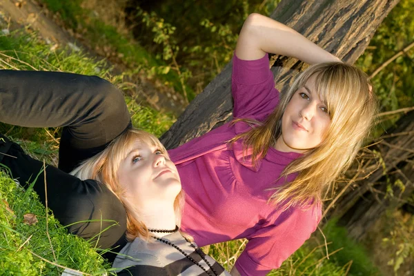 Två glada skönhet unga blonda utomhus — Stockfoto