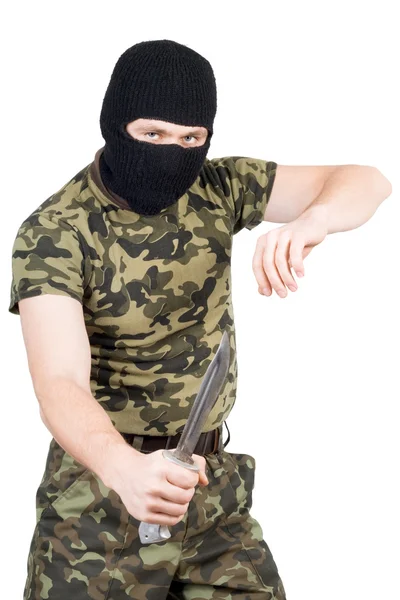 The criminal with a knife in a black mas — Stock Photo, Image