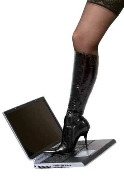 Sexy leg over laptop. Isolated on white — Stock Photo, Image
