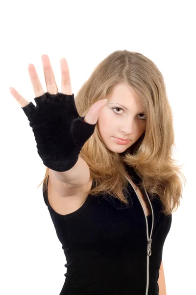 Chica joven con señal de parada de mano. Centrarse en — Foto de Stock
