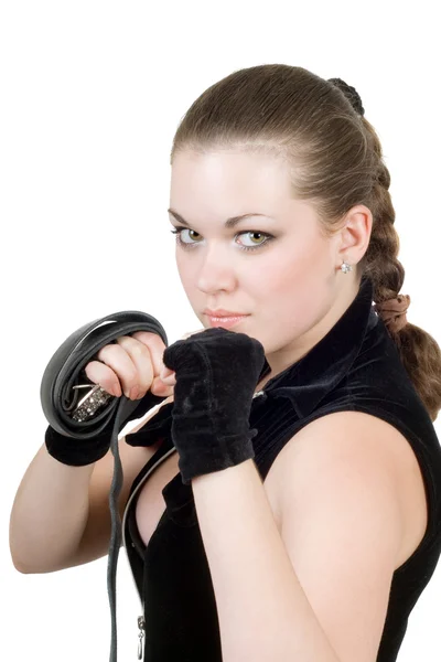 Pretty young angry woman throwing a punc — Stock Photo, Image