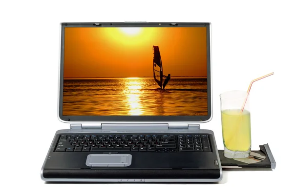 Laptop and cocktail. Isolated on white b — Stock Fotó