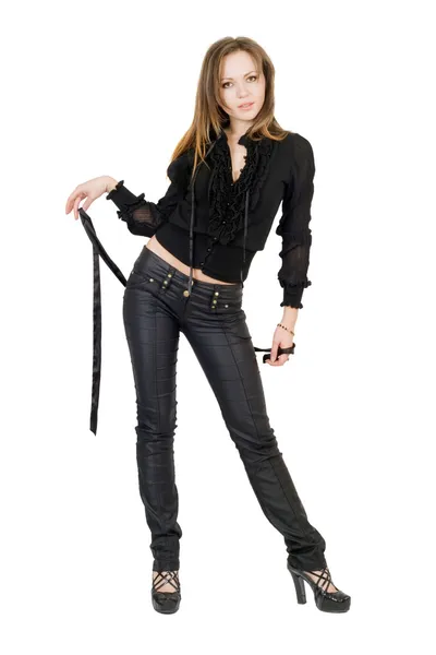Hermosa chica en pantalones de cuero negro. Yo... —  Fotos de Stock