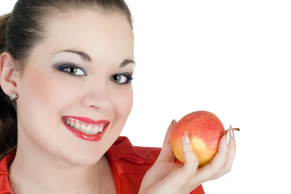 Portrait de la jeune femme avec une pomme — Photo
