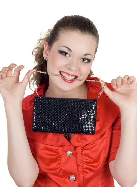Νεαρή γυναίκα με μια τσάντα στα δόντια ένα — Φωτογραφία Αρχείου
