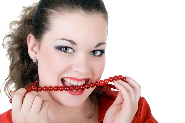 Ung vacker kvinna med en pärlor i en — Stockfoto