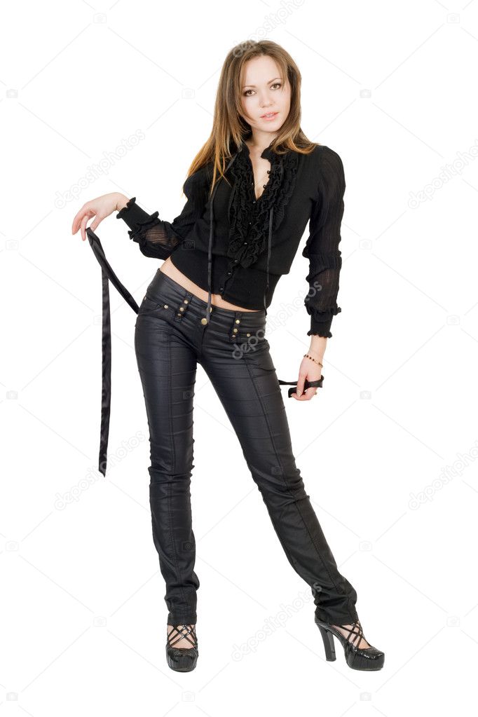 Beautiful girl in black leather pants. I