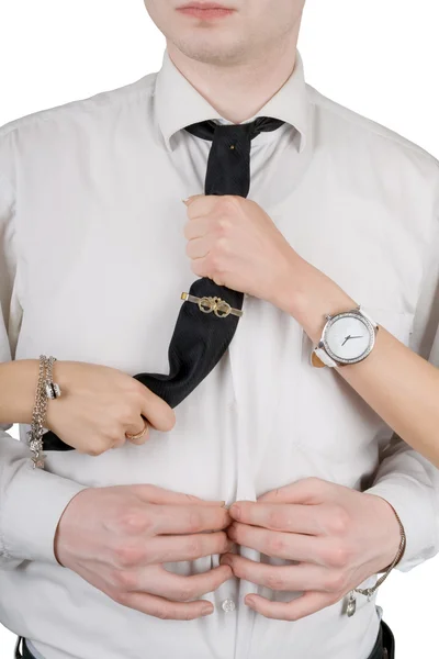 Jovem, gravata e mãos femininas. Isola — Fotografia de Stock