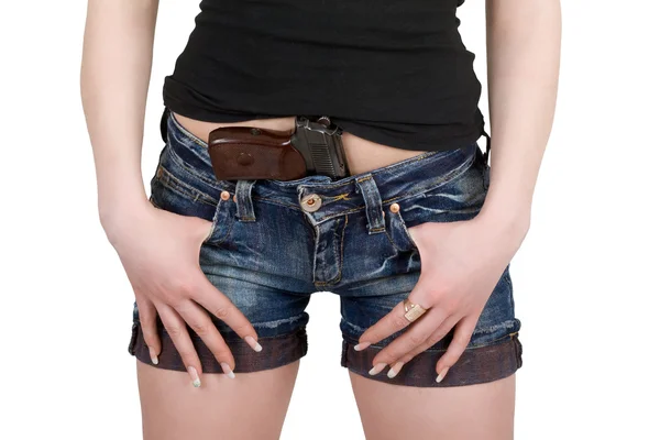 Mujer joven con pistola. Aislado en whi — Foto de Stock