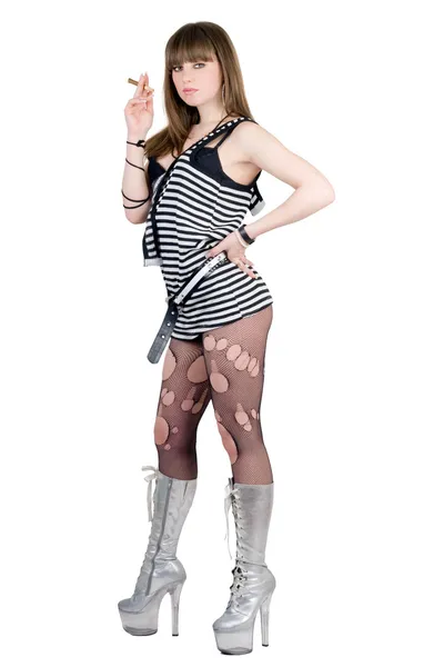 Girl in a striped dress and silvery boot — Stock Photo, Image