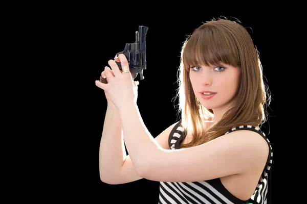 Belle jeune femme avec pistolet. Isola — Photo