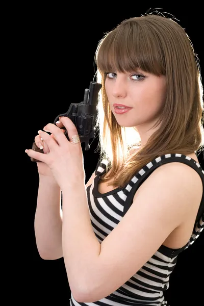 Attraktive junge Frau mit Pistole. Isol — Stockfoto