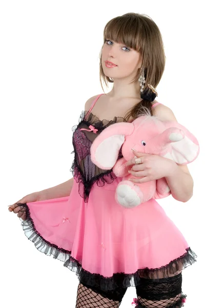 Dziewczynka figlarny w rózowej sukni z el — Zdjęcie stockowe