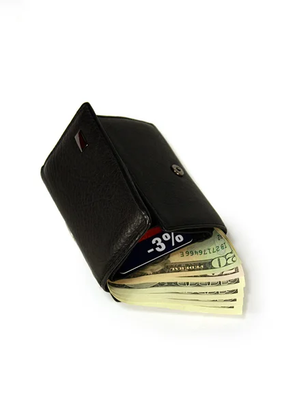 Bolsa preta com dólares e um cartão — Fotografia de Stock
