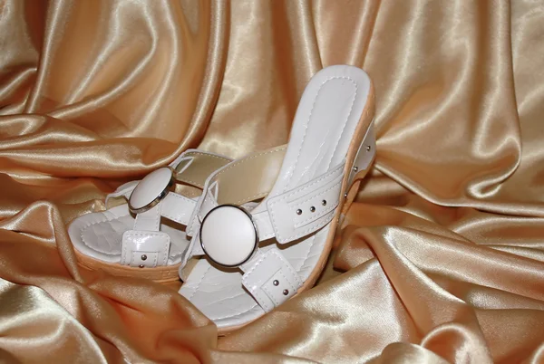 Womanish shoes on silk tkane — Stock Photo, Image