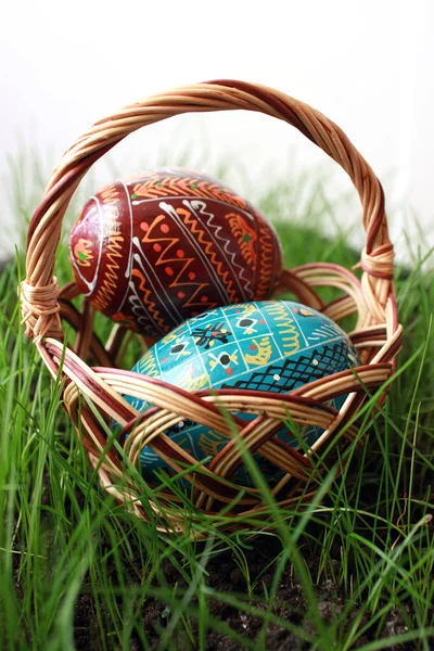 Easter eggs in a basket on a grass — Stock Photo, Image