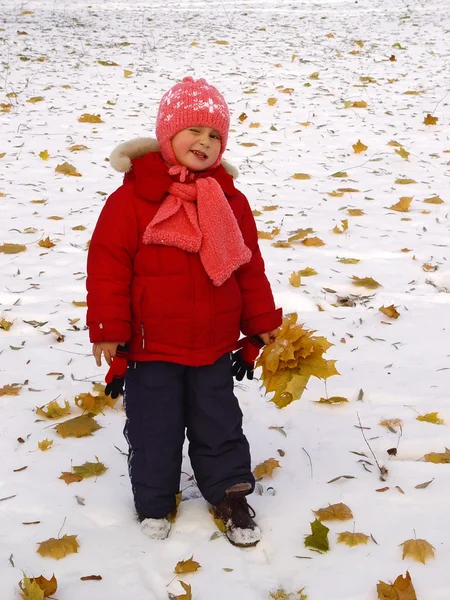 Little girl with autumn leaves at winter — Stock Photo, Image