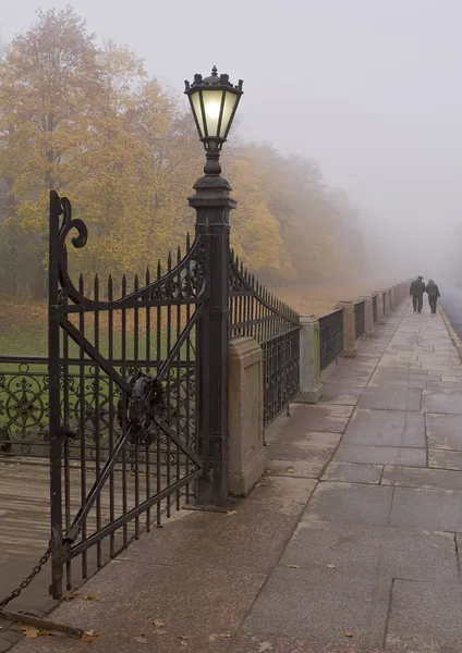 Gate streetlight in fog — Stock Photo, Image