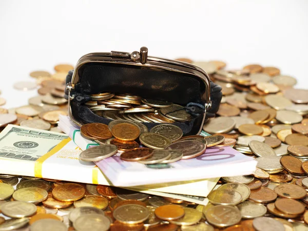 Purse with coins and dollars — Stock Photo, Image