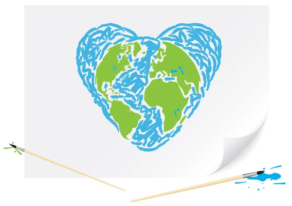 Zeichnung grüne Erde blaues Herz — Stockvektor
