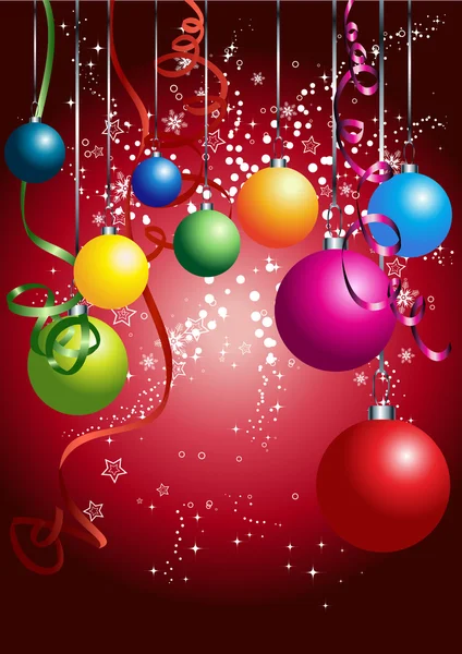 Cartão vermelho com bolas de Natal coloridas — Vetor de Stock