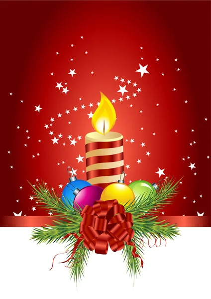 Carton rouge avec boule de Noël et bougie — Image vectorielle