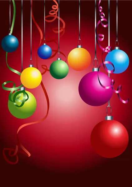 Carton rouge avec boules de Noël colorées — Image vectorielle