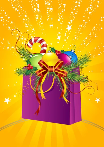 Noel hediye çanta, top, holly, baston — Stok fotoğraf