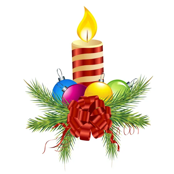 Weihnachtskugel, Kerze und Kiefer — Stockfoto