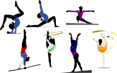 Woman gymnastic colored silhouettes. Vec clipart