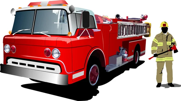Пожарная машина и пожарный, изолированные сзади — стоковый вектор