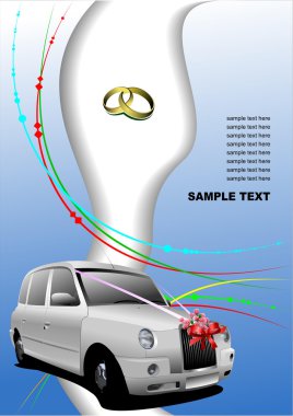 Wedding white car on blue background. Ve clipart