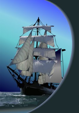 Marine background with sail ship. Vector clipart