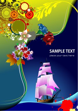 Floral background with old ship image. V clipart