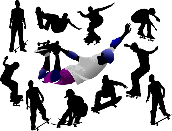 Salto vettore silhouette skateboarder — Vettoriale Stock
