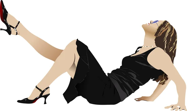 Femme allongée en robe noire. Vecteur illu — Image vectorielle