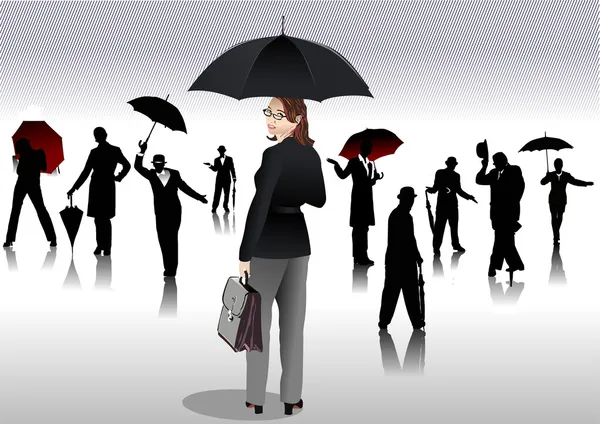 Muži a ženy s deštníkem siluety — Stockový vektor