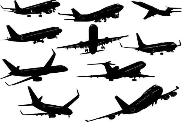 Dez silhuetas de avião. Ilustre vetor — Vetor de Stock