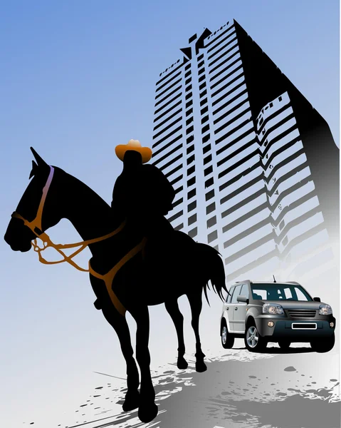 Sfondo urbano con silhouette a cavallo . — Vettoriale Stock