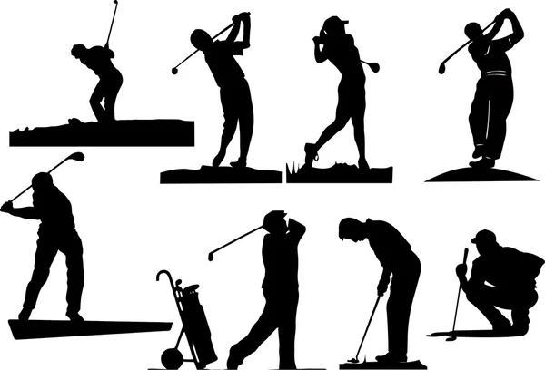 Ocho siluetas de golfista — Archivo Imágenes Vectoriales