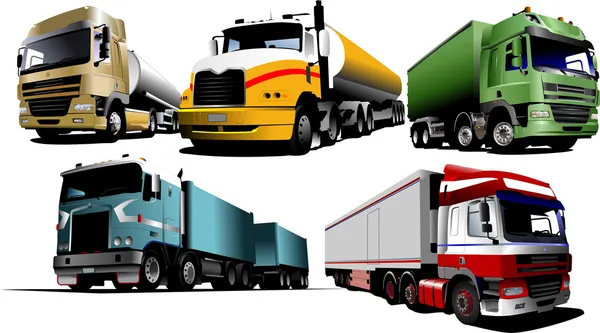 Cinco camiões na estrada. Vector illustra —  Vetores de Stock