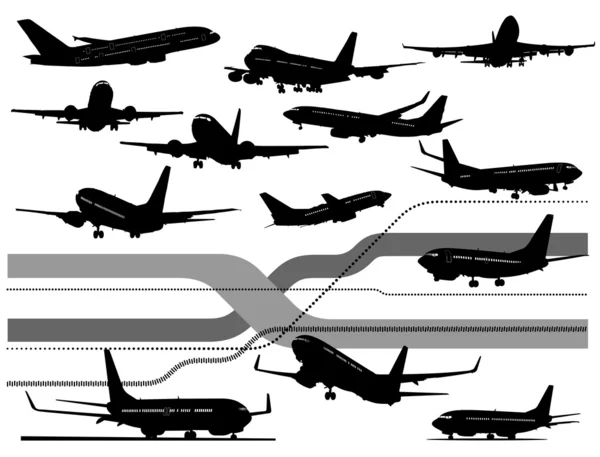 13 zwart-wit vliegtuig silhouetten. — Stockvector