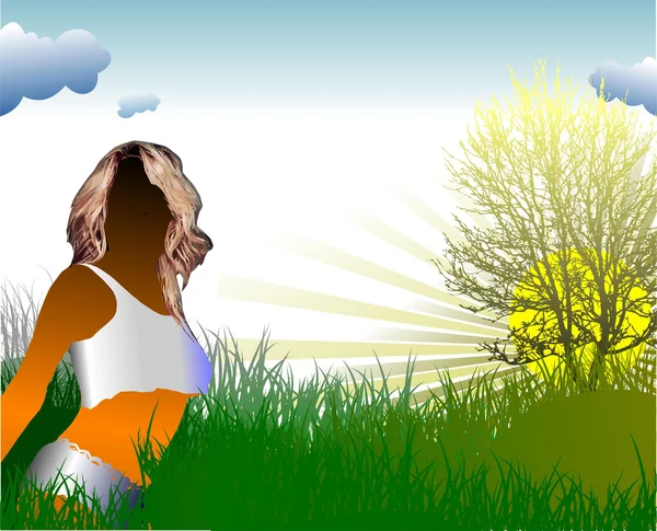 Деревенский рассвет с женским изображением. Вектор — стоковый вектор