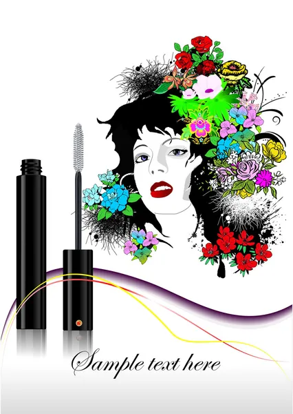 Floral woman face with mascara image. Ve — Stock Vector