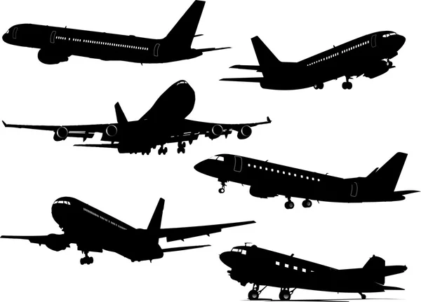 Sechs Flugzeug-Silhouetten. Vektorunlust — Stockvektor