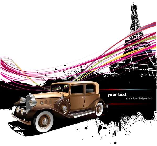Old car with Paris image background. Vec — Stock Vector