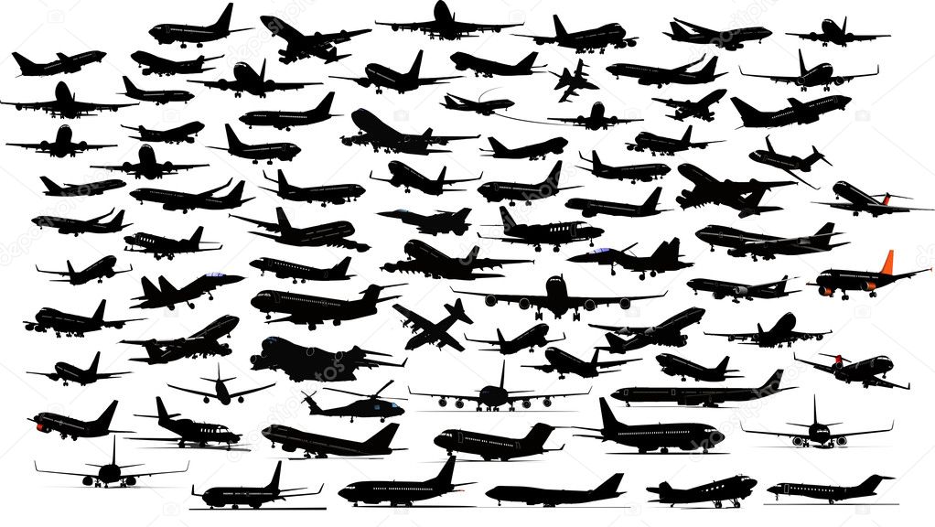 Ninety Airplane silhouettes. Vector illu