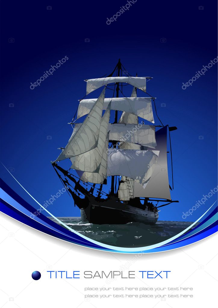 Marine background with sail ship. Vector