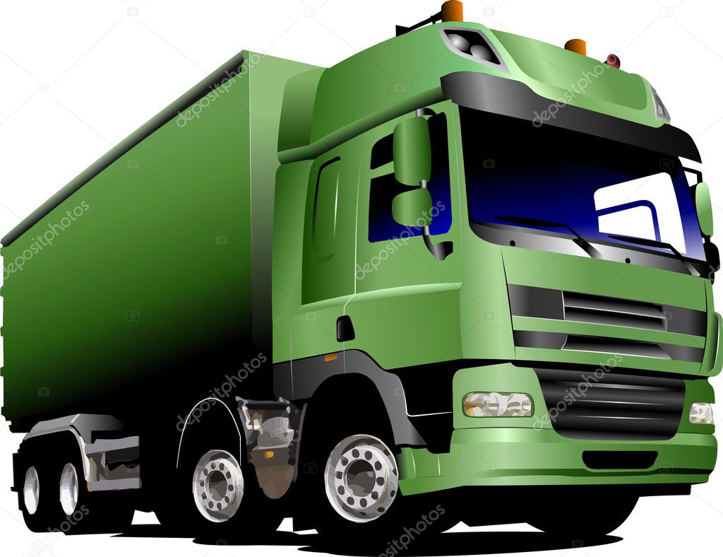 Green truck on the road. Vector illustra